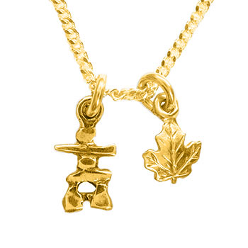 Inukshuk and Maple Leaf Pendant (Miniature Gold)